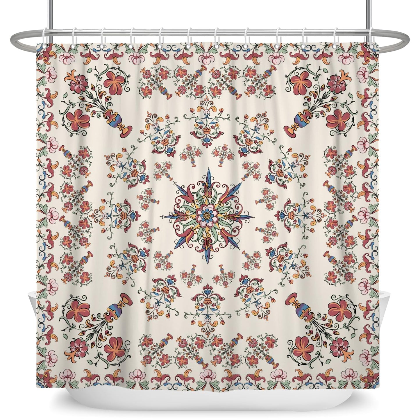 ASDCXZ Boho Shower Curtain 180 x 180 cm, Vintage Flowers Geometry Pattern Boho Style Beige Bathroom Washable Shower Curtains Polyester Textile