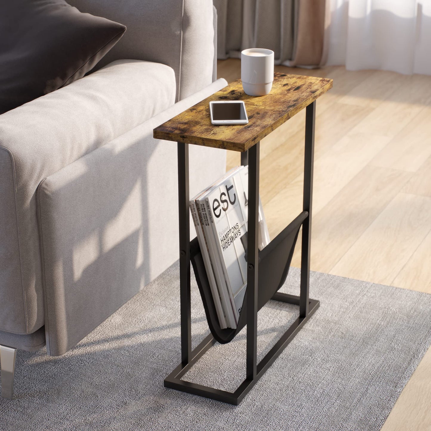 Yusong Small Narrow Side Table for Small Spaces, Slim End Table Magazine Table Nightstand with Storage Holder