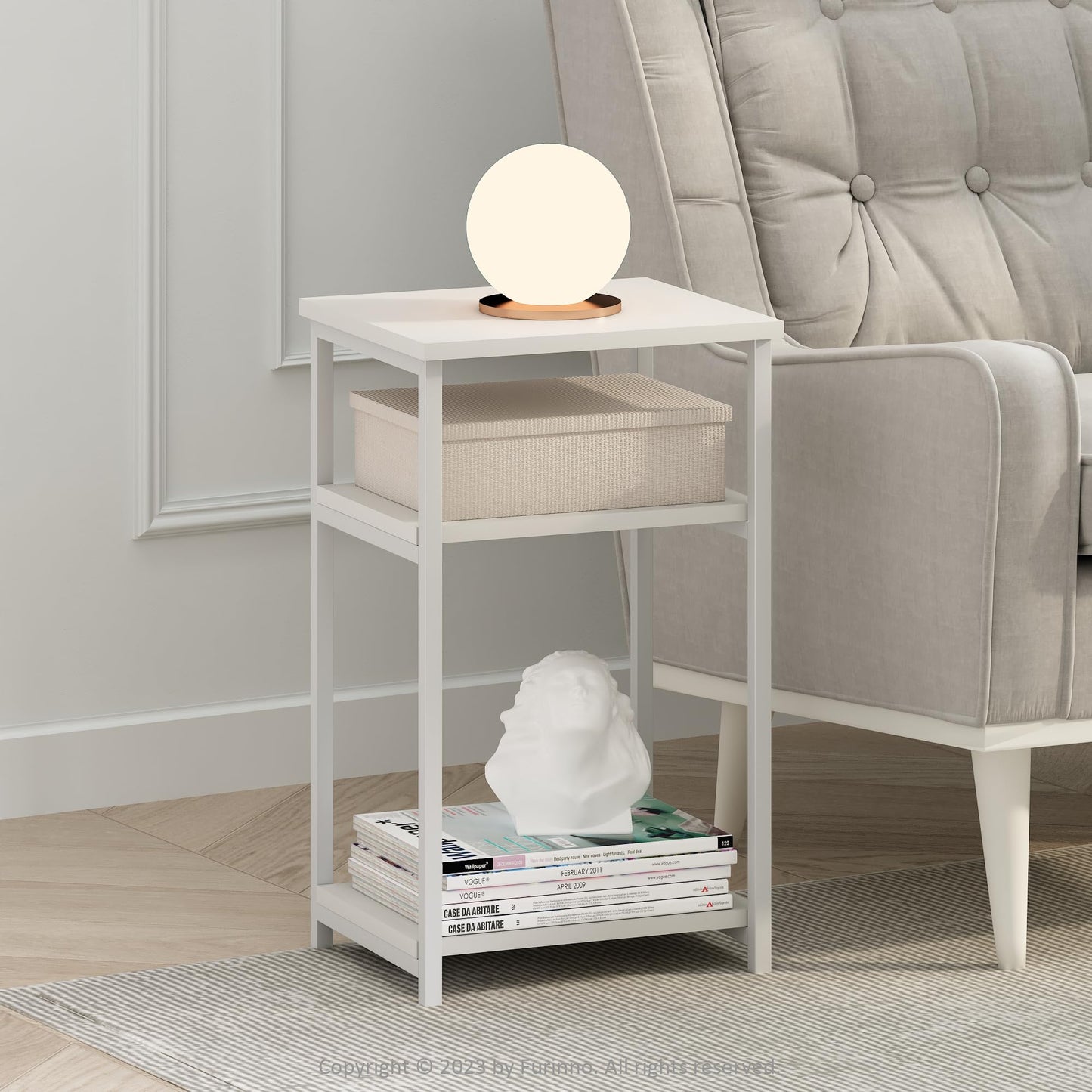 Furinno JUST Side Table Set of 2, 3-Tier Metal Frame End Table with Open Shelf, Night Stand, Bedside Table, for Living Room, Bedroom, White