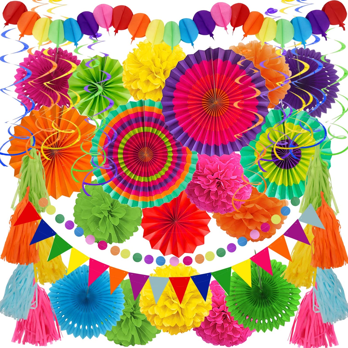 ZERODECO Party Decorations, 41 Pcs Multicoloured Papar Fans Pompoms Garlands String Tissue Paper Tassel for Fiesta Mexican Theme Cinco De Mayo Coco