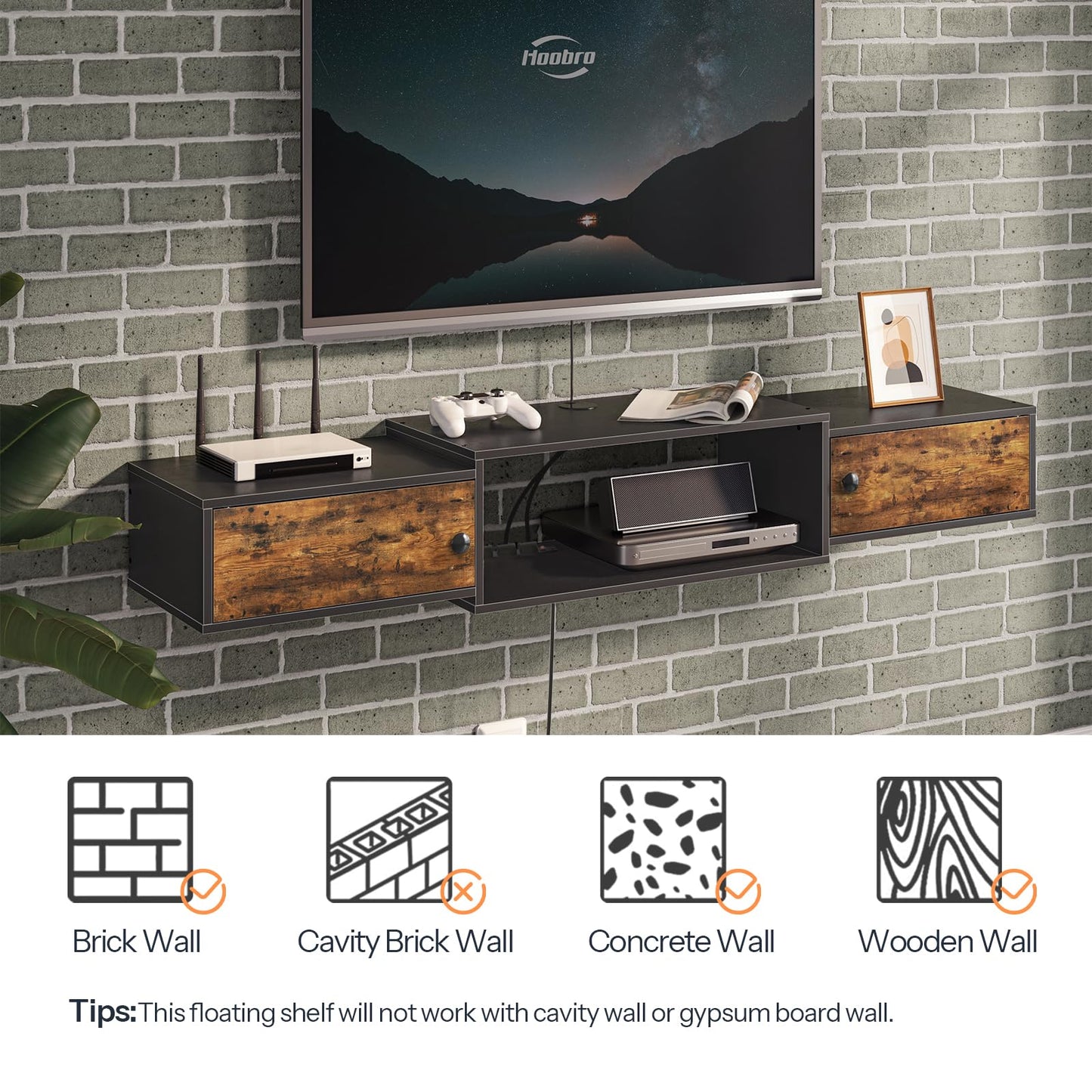 HOOBRO Floating TV Unit, Wall Mounted TV Cabinet with Power Outlet, Entertainment Media Console Shelf Cabinet for Under TV Storage, Living Room