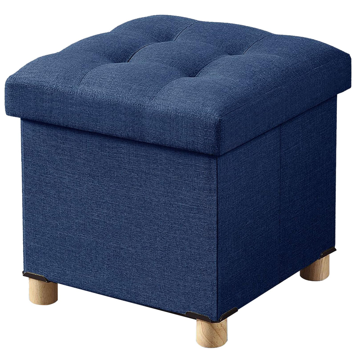 BRIAN & DANY Folding Storage Ottoman with Wood Legs, Linen Foot Stool, Storage Chest with Highly Elastic Sponge Filling, Navy Blue, 38 x 38 x 38 cm
