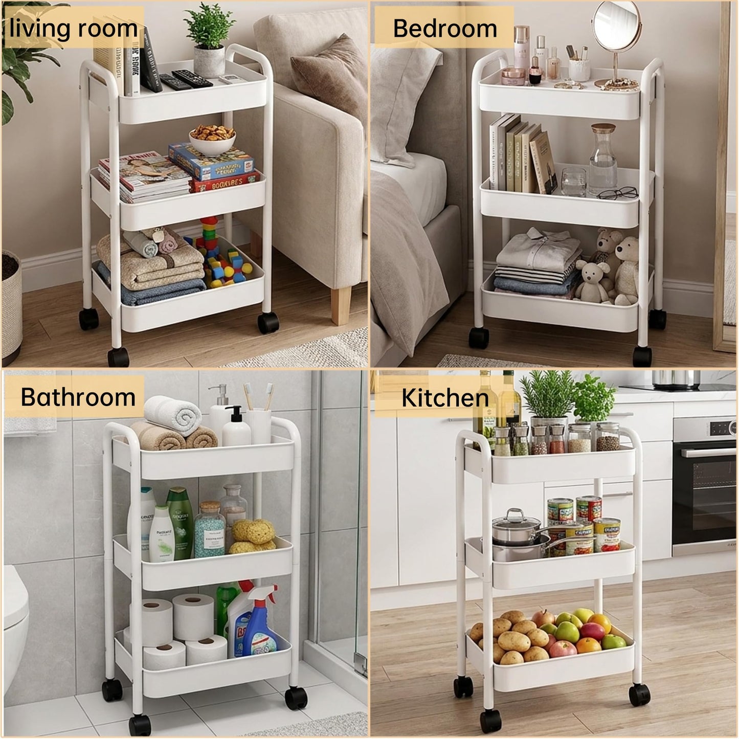 Storage Trolley 3-Tier on Wheels, Metal Plastic Rolling Cart with Handle – Slim Mobile Utility Organiser for Kitchen, Bathroom, Office, Narrow Spaces