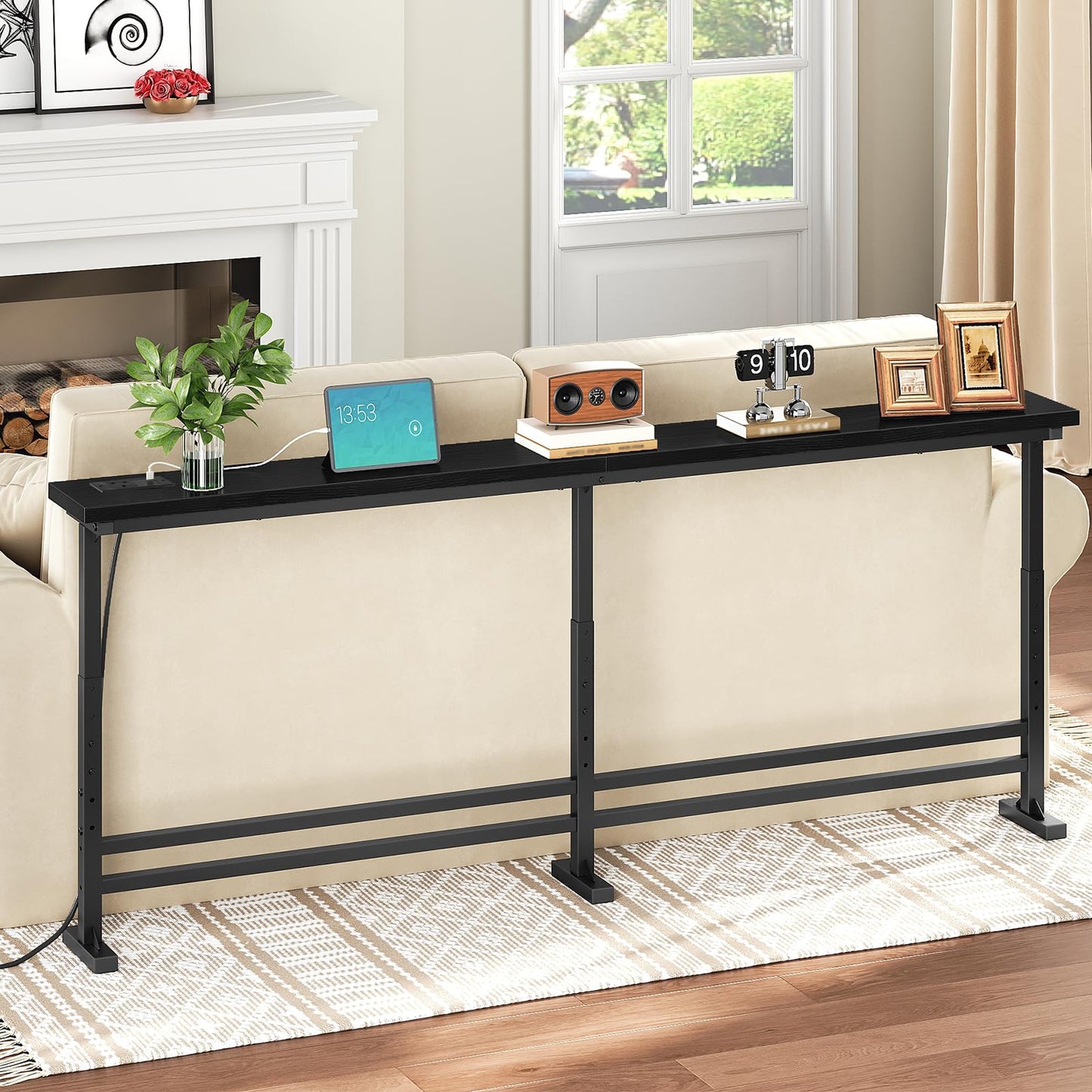 YATINEY 15 cm Slim Console Table, Height-Adjustable Behind Sofa Table, 180 cm Hallway Table, Narrow Long Sofa Table with Power Outlet