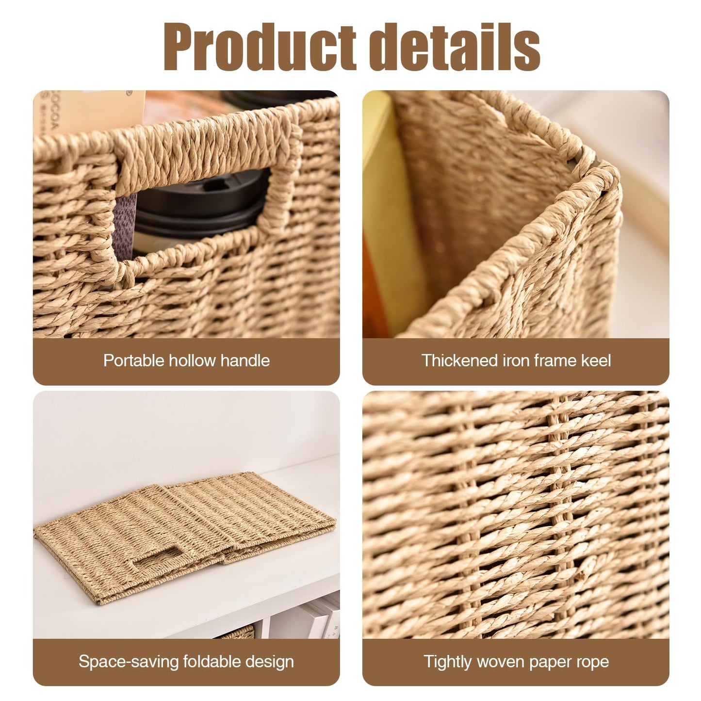Wicker Storage Basket, 25×25×25cm Faux Wicker Storage Box Foldable Large Wickers Basket Cube Storages Box With Insertion Handle for Gifts Toy