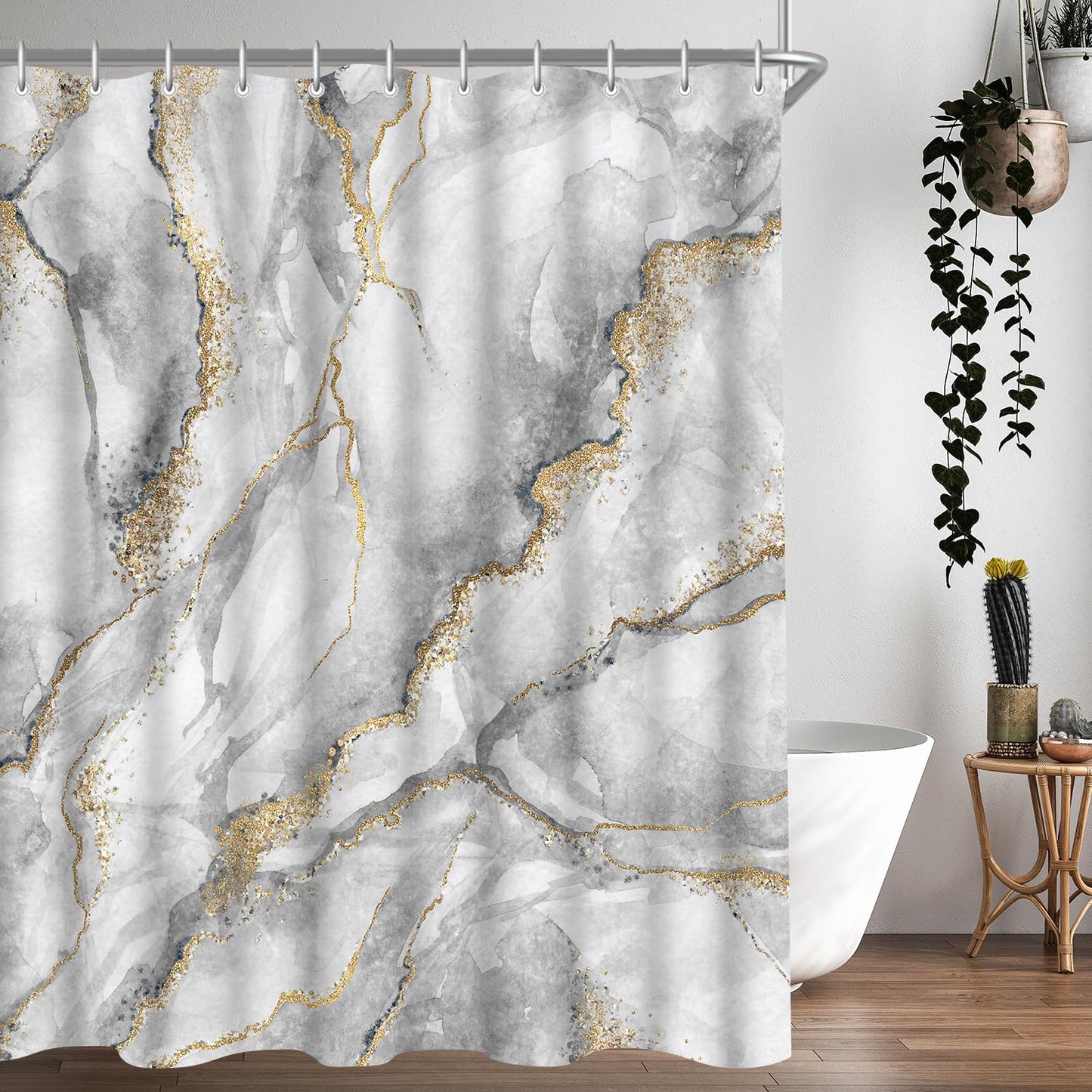 Lerores Shower Curtain, 200 x 200 cm, Marble, Weighted Hem, Anti-Mould Textile, Water-Repellent, Washable Polyester Bath Curtains with 12 Eyelets and