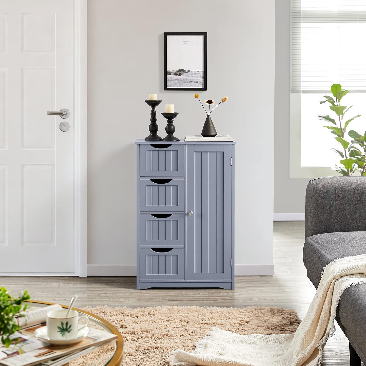 Yaheetech Bathroom Floor Cabinet, 4 Drawers & Door, Adjustable Shelf Gray