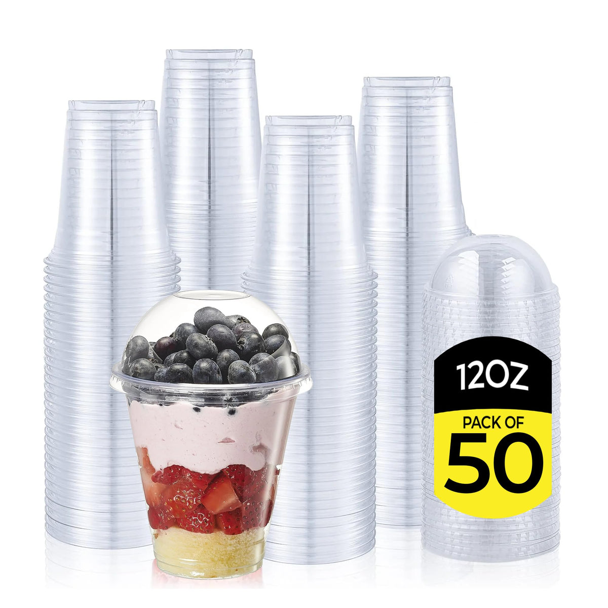 Zuvo Plastic Smoothie Cups with Dome Lids - 12 OZ (Pack of 50) - Strong Clear Plastic Cups for Milkshakes, Smoothies, Iced Coffee, Slusly and Bubble
