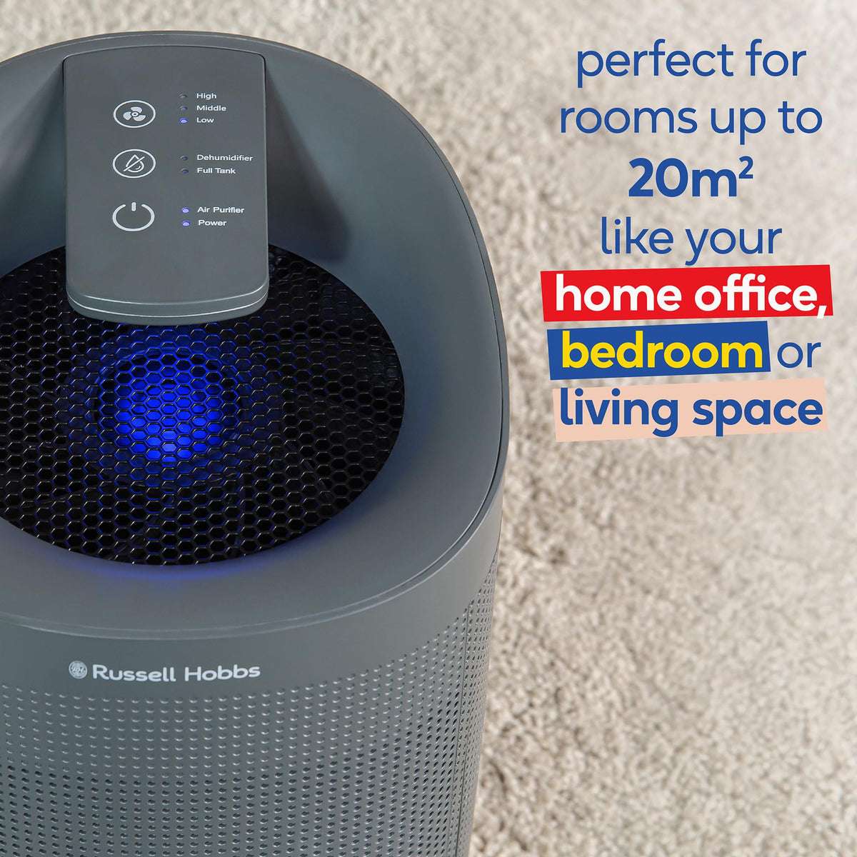 Russell Hobbs RHDH1101G Ozone Free, 750ml/day 2 in 1 Grey Dehumidifier/Air Purifier, 20m2 Room Size, LED Lighting & Captures Bacteria, for Home,
