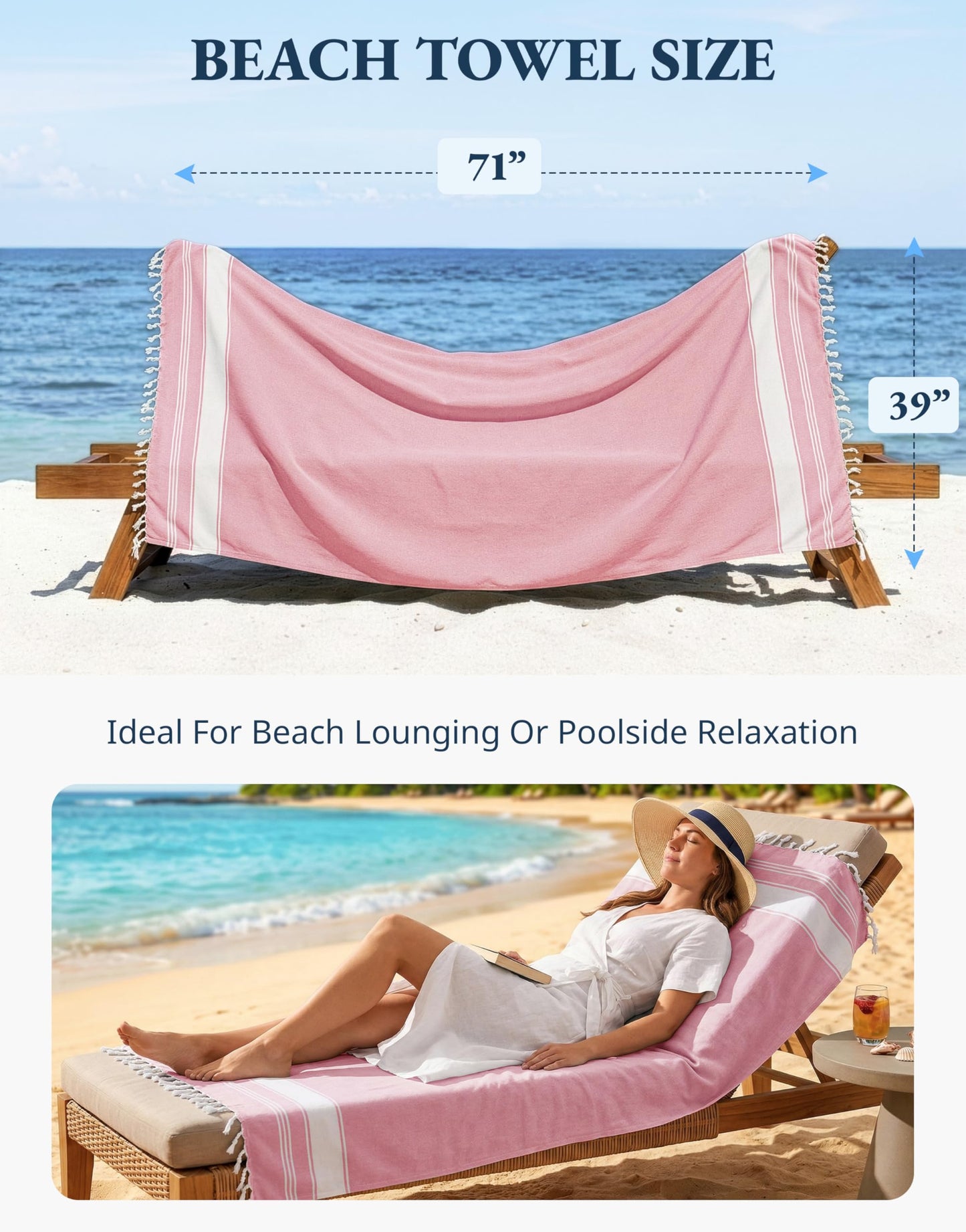 LANE LINEN Turkish Beach Towels, 2 Pack Extra Large Beach Towel, Pre-Washed for Soft Feel, Cotton Rich Oversized Sand Free Quick-Dry Pool Towel