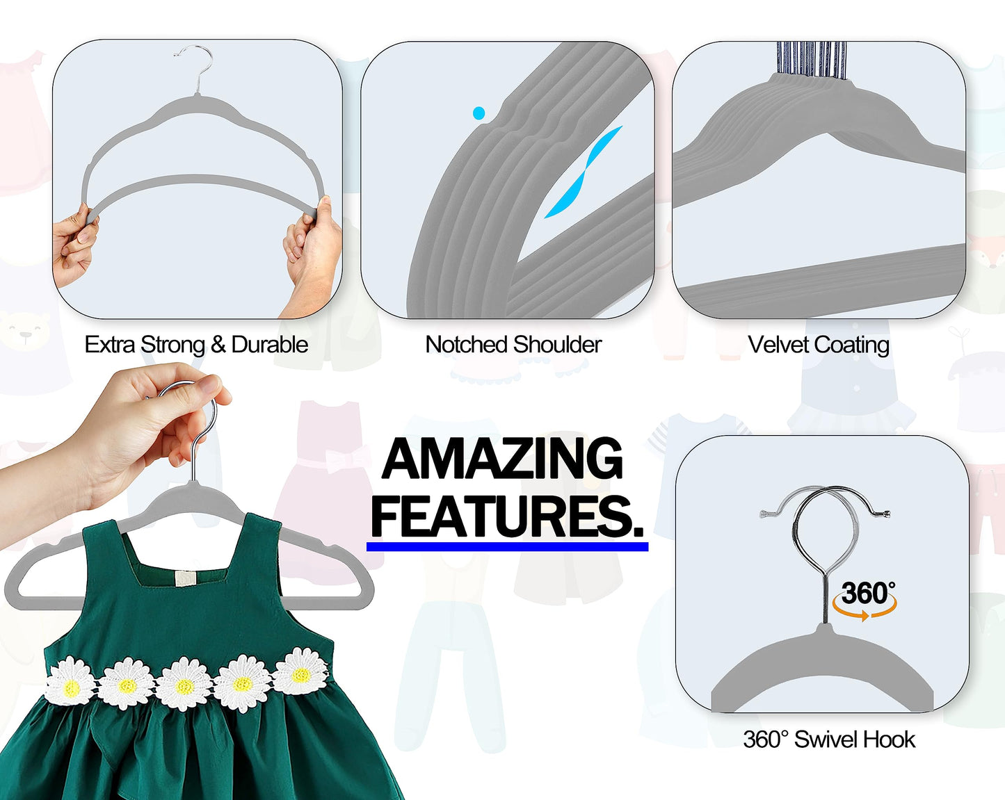 GVTECH Kids Hangers Velvet, [50 Pack] Children Cloth Durable Baby Hangers for Closet - Perfect Infant Toddler Kid Hanger for Everyday Use
