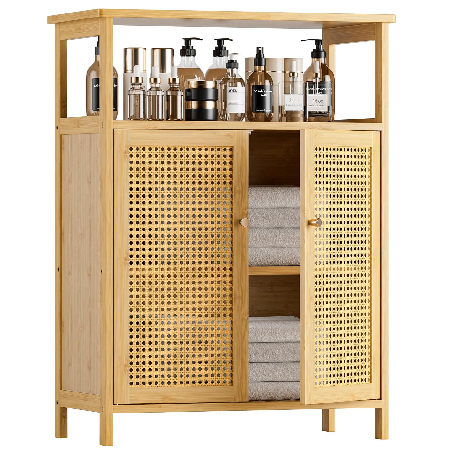 HITNET Rattan Bathroom Storage Cabinet, Bamboo Floor Cupboard with Doors, Freestanding Side Organizer for Living Room, Kitchen, Entryway, Natural