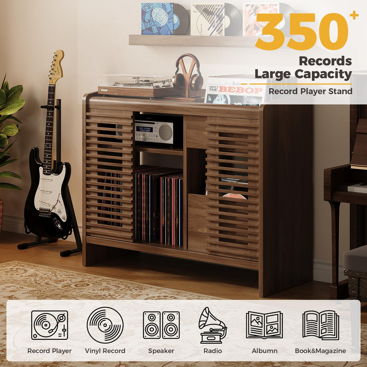 IRONCK Vinyl Record Player Stand with Wall Mount, Vinyl Record Storage Stand with Charging Station