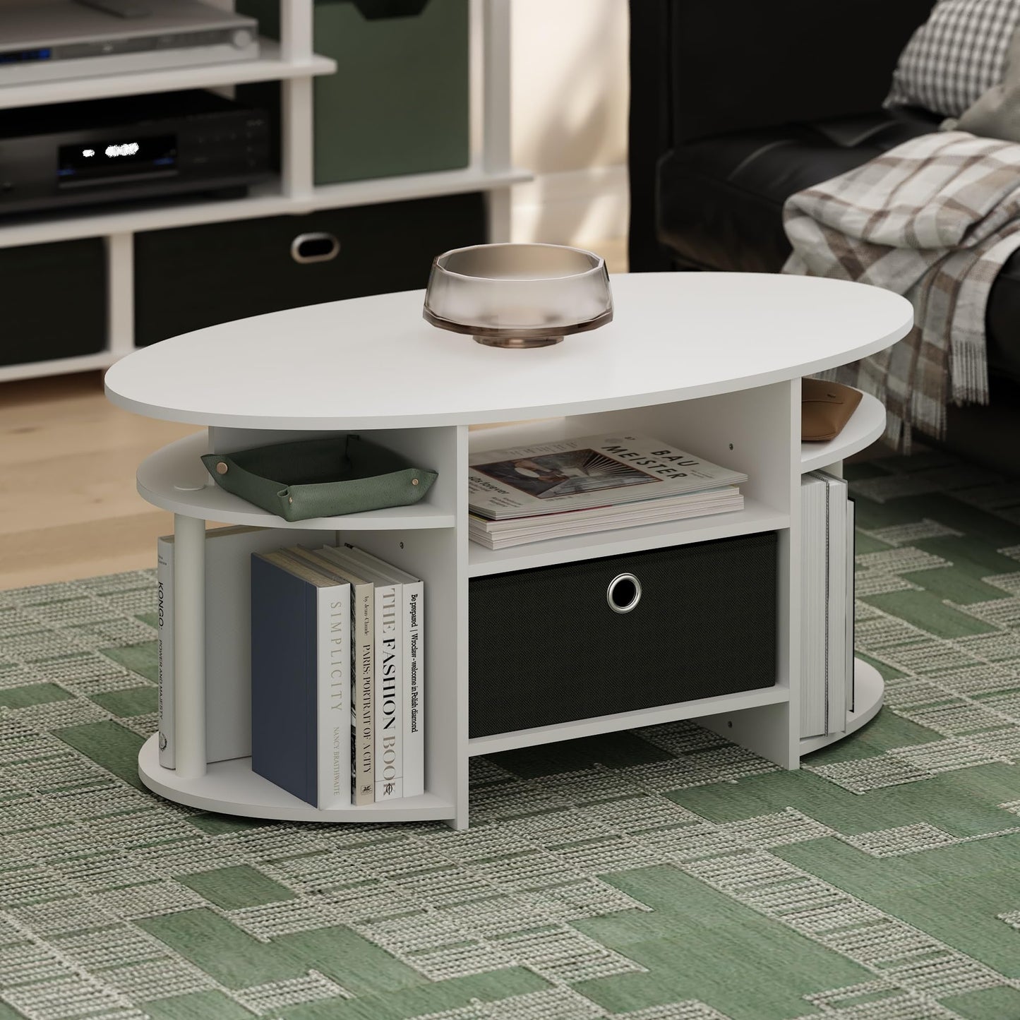 Furinno JAYA Coffee Table, Oval Modern Coffee Table with Shelves and Storage Bin, Side Table, for Living Room, Bedroom, Home Office, White