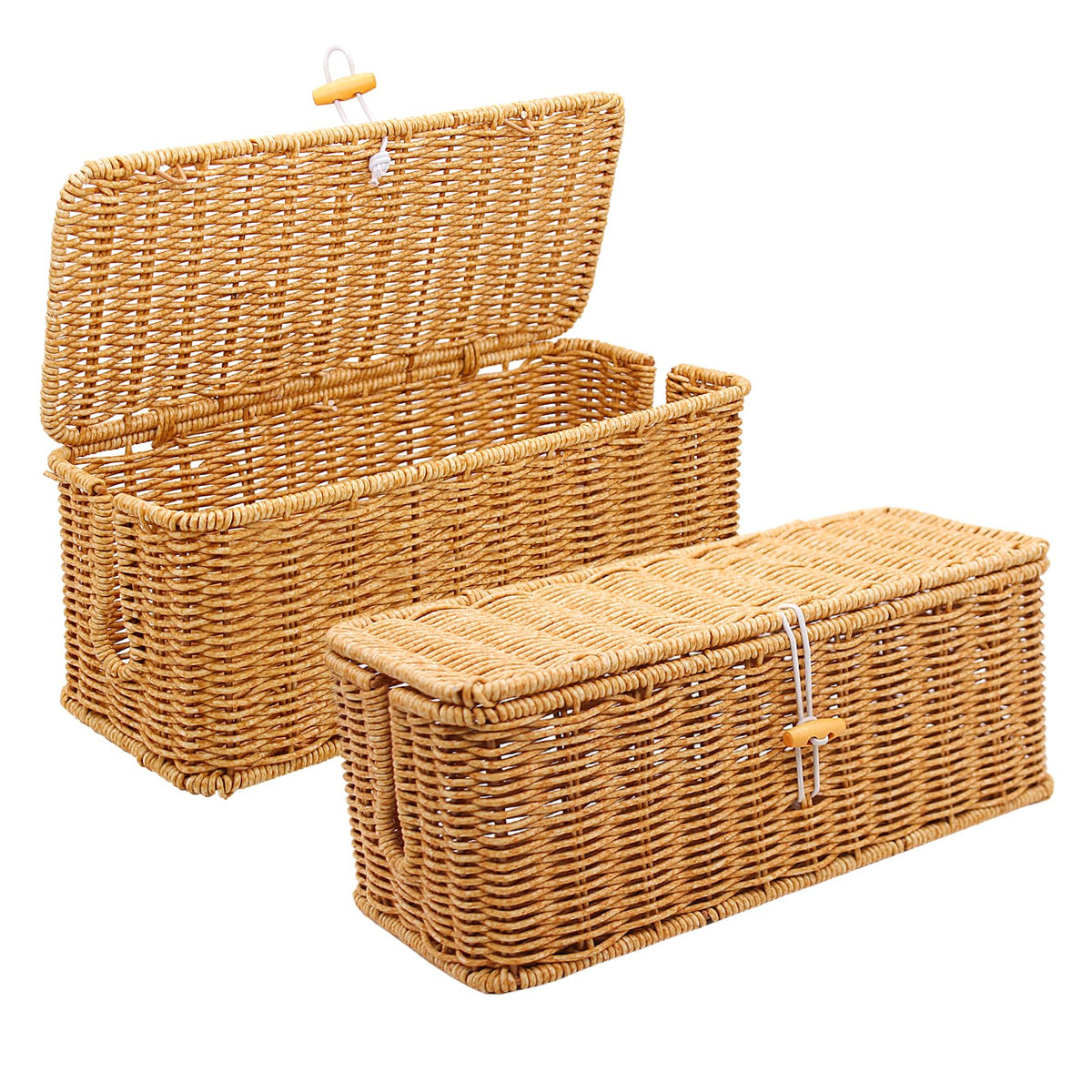 Cable Management Box, 2 Pack Handmade Imitation Rattan Cable Tidy Box with Locked Cover, 2 Open Slots Power Strip Organizer, Cord Organizer Boxes for