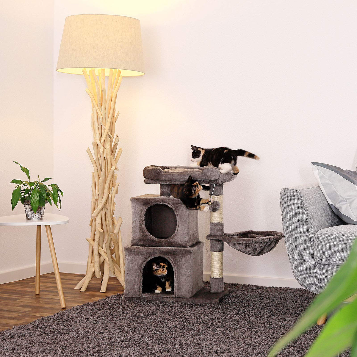 lionto Cat Scratching Post with Plush Ball Including Bell and Lounger Height 70 cm Cat Tree with Sisal & Plush, Cosy Lying Surface and Caves, Suitable