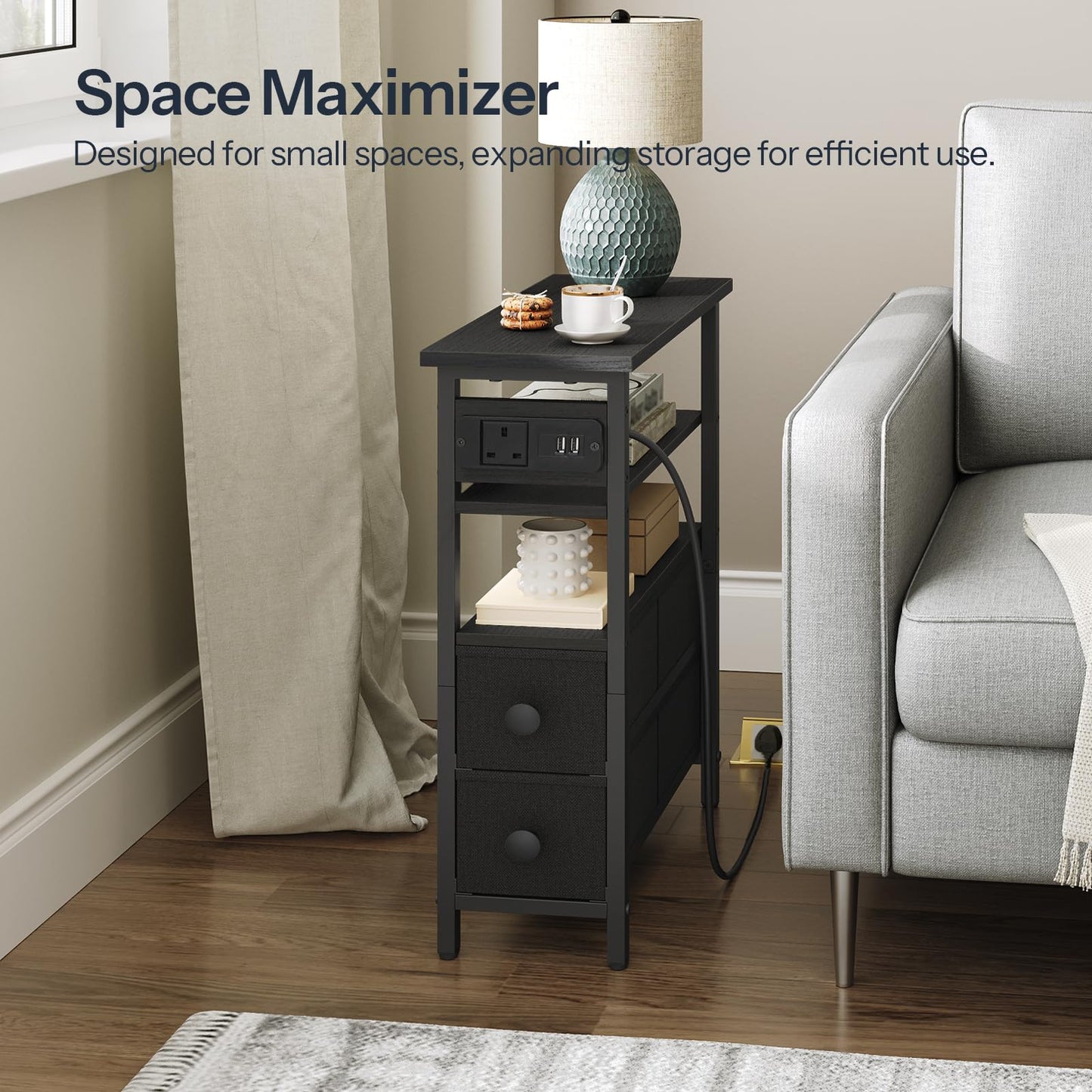 HOOBRO Side Table with Charging Station, Narrow Side Table with 2 Non-Woven Drawers, USB Ports and Power Outlet