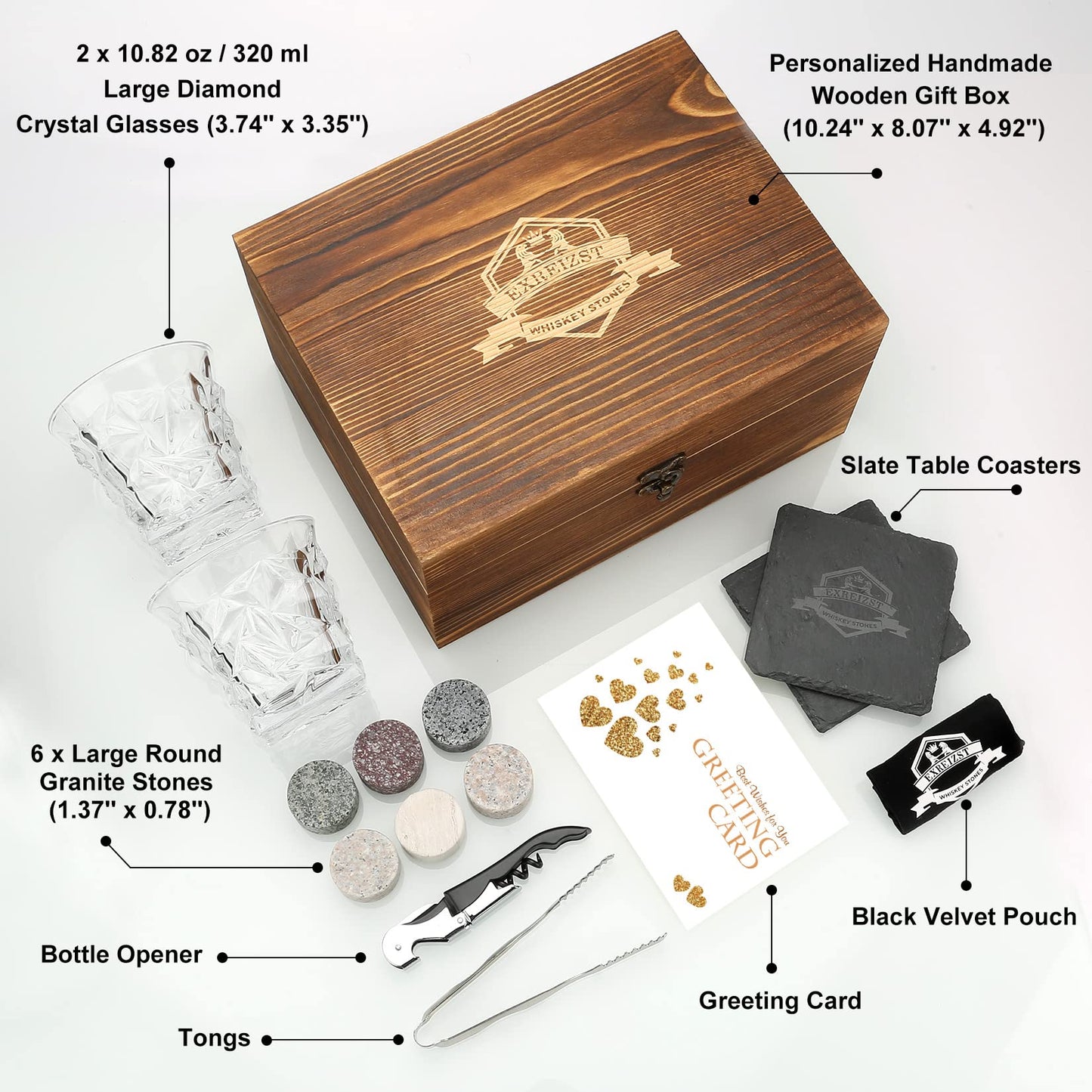 Large Whisky Stones and Glasses Gift Set,Whisky Rocks Chilling Stones in Handmade Wooden Box-Cool Drinks Without Dilution-Whisky Glasses Set of 2,Six