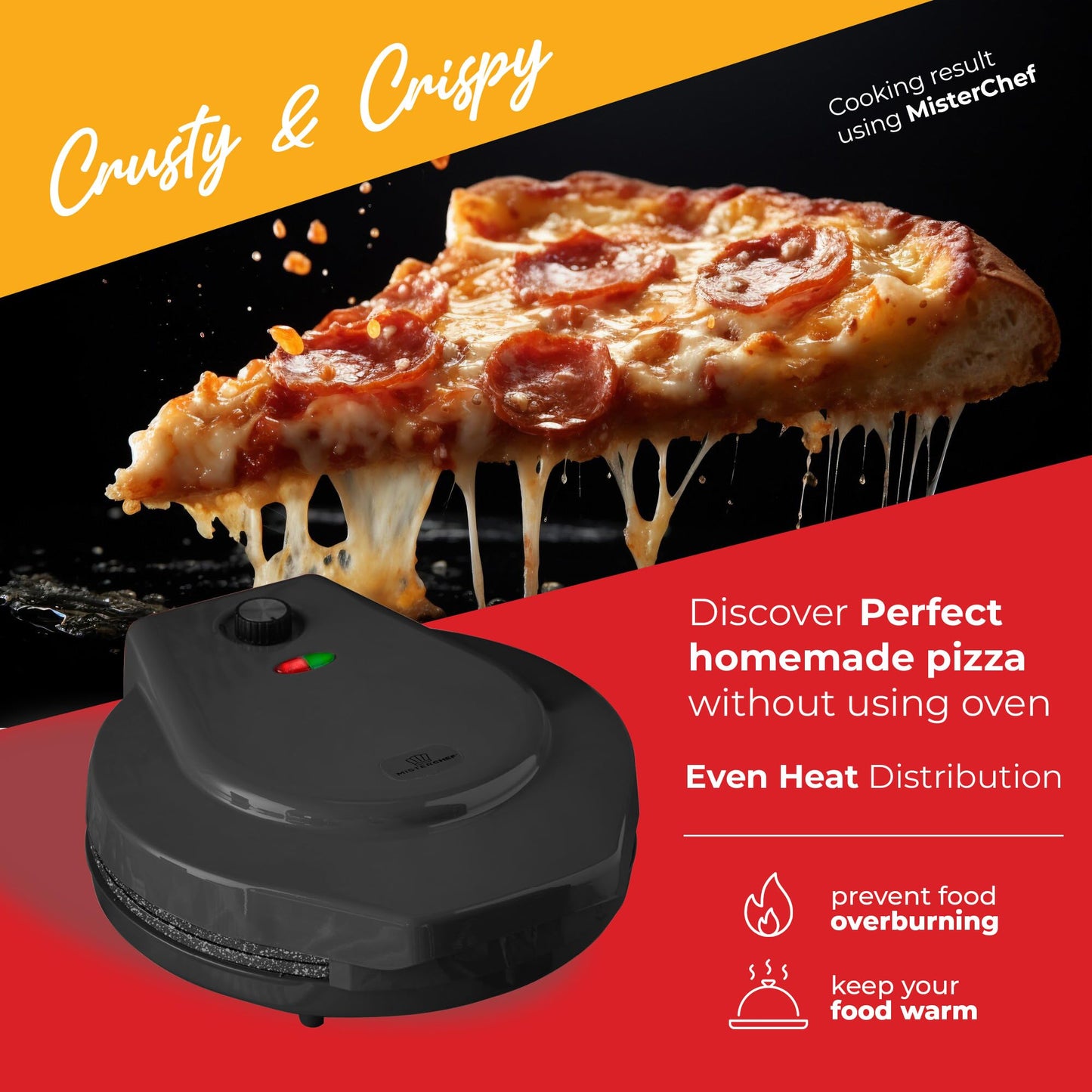 MisterChef Pizza Maker 1450W Ceramic Plates, 12 Inch / 30cm, 2,3 Metal, Free Recipe Book, Black