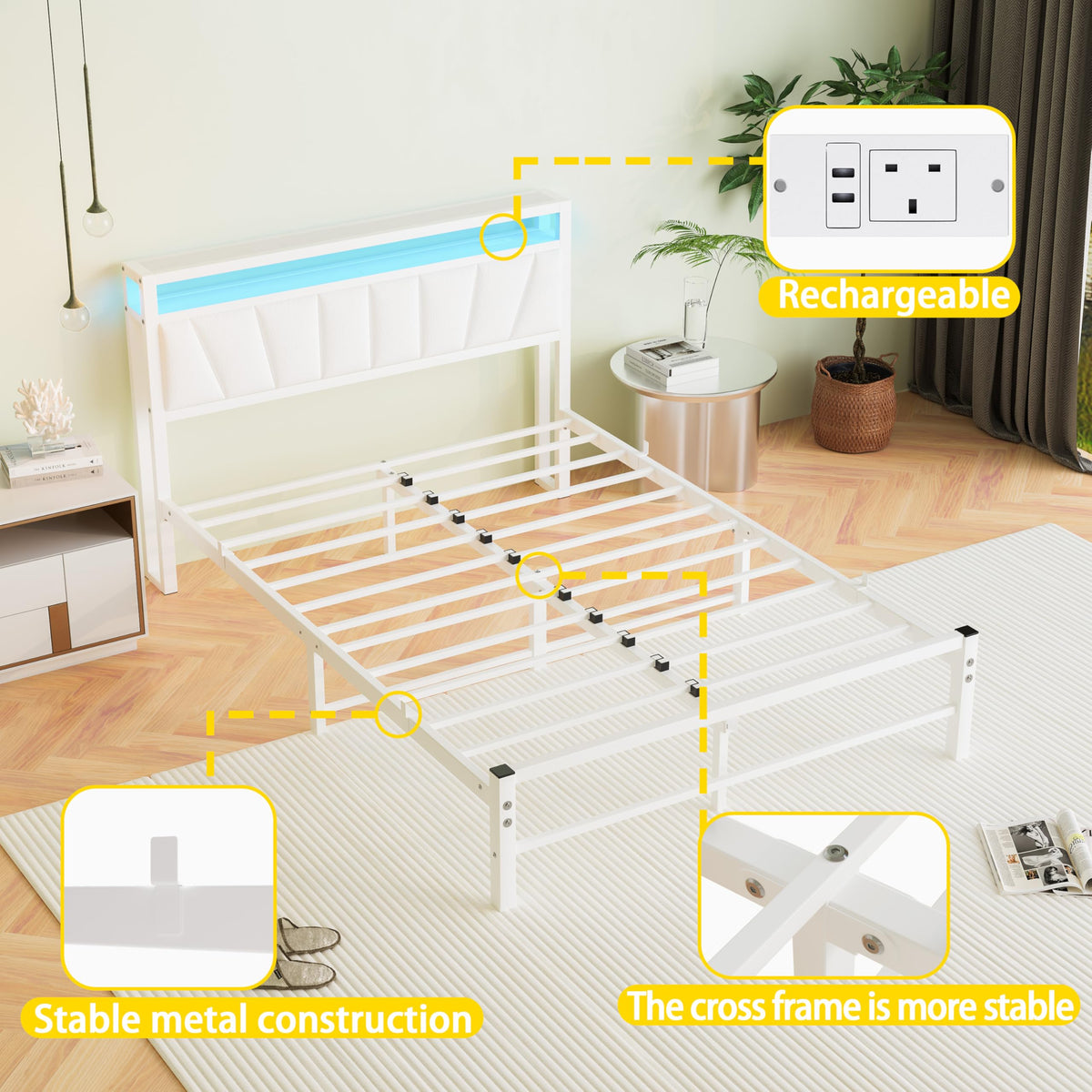 BORPHOM White Double Bed Frame with Storage and LED Lights,4ft6 Metal Platform Bed Frame Double Size Bed Base with Charging Station,Mattress