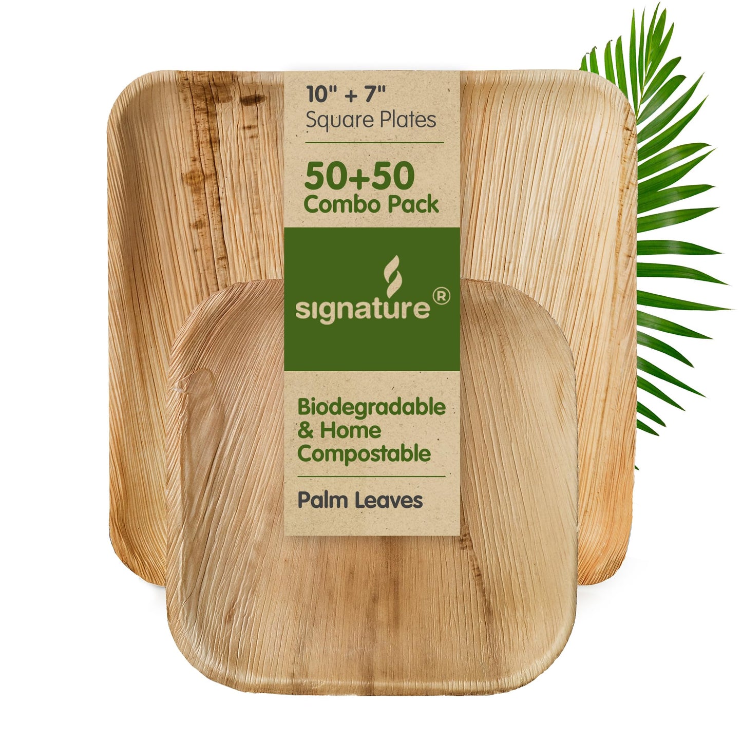 Signature Packaging - Disposable Palm Leaf Plates - 10" and 7" (100 Combo Pack) - Sturdy, Square Party Plates