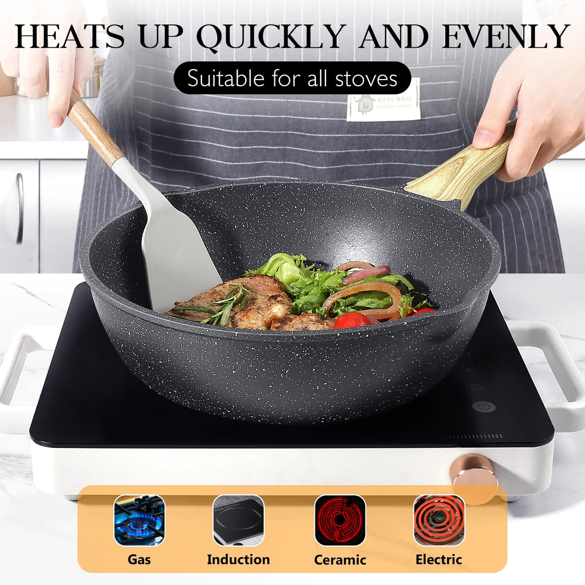 GiPP Nonstick Deep Frying Pan - 2.6L Grey Granite Saute Pan with Lid, Pour Spout and Stay-Cool Handle, Non Stick Skillet Non Toxic Cooking Pan