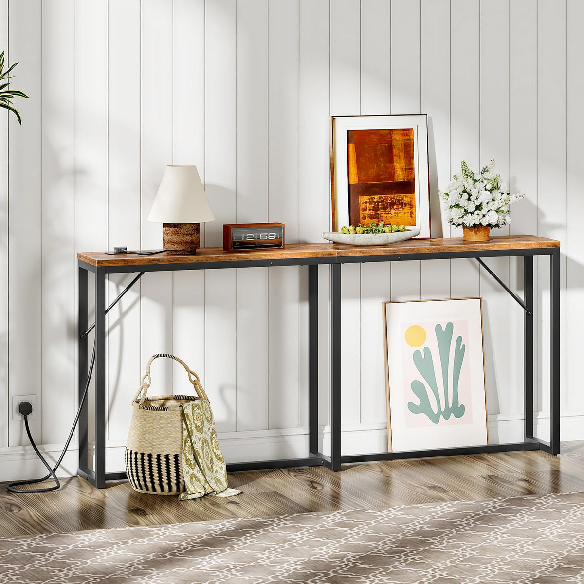 HOOBRO Slim Console Table with Charging Station, 180 cm Long Narrow Behind Sofe Table, Industrial Hallway Table, for Entryway, Living Room