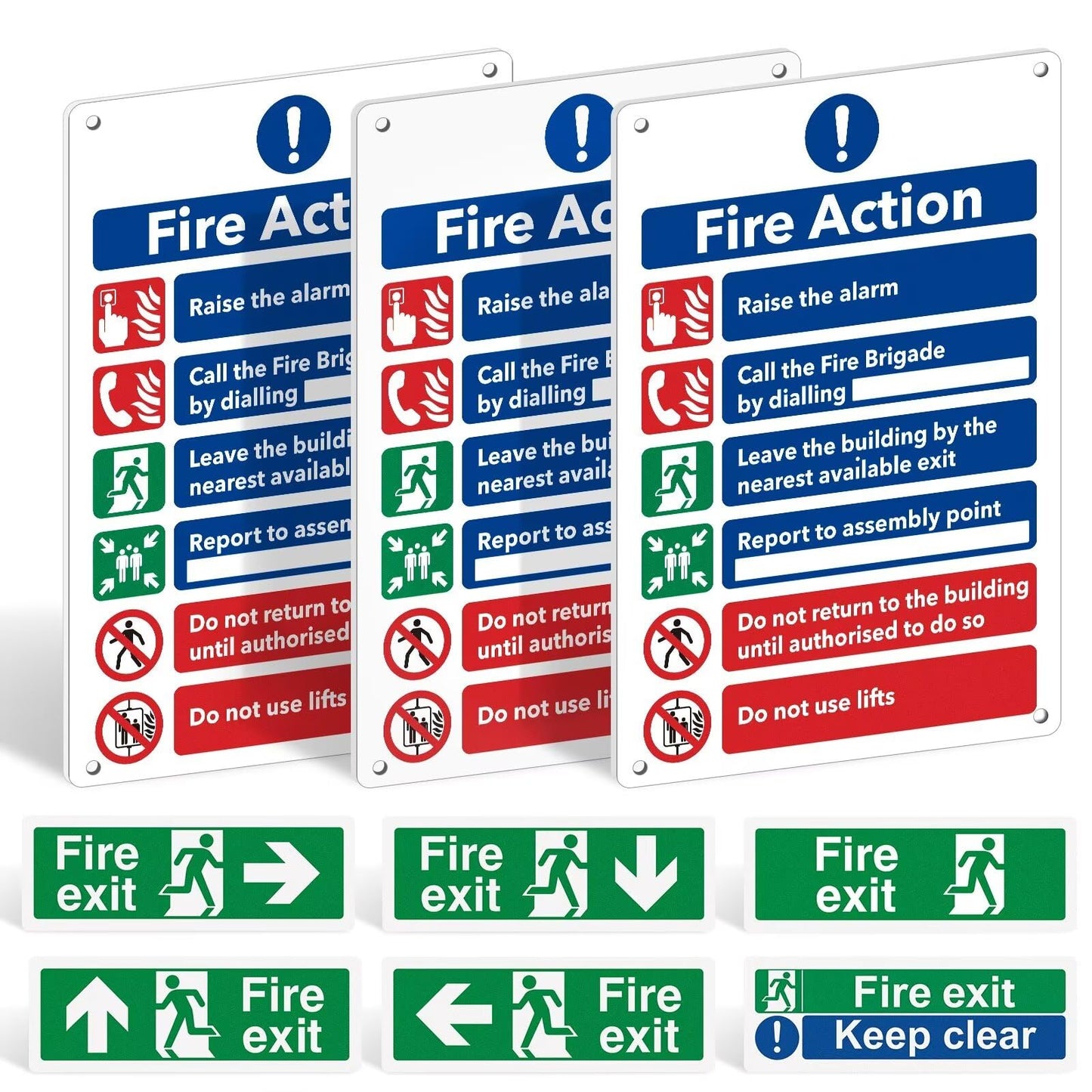 Fire Safety Signs Pack of 9 - Fire Action Notice Sign - 1mm Rigid Plastic - 300 x 200mm, Exit Sticker, Keep Clear - Self-Adhesive Vinyl Emergency Exit