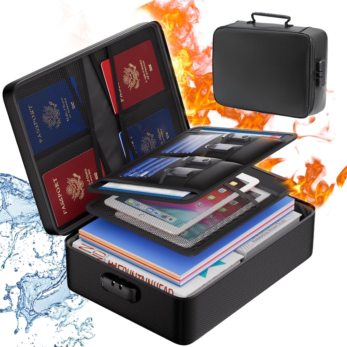 Fireproof Document Box, 3-Layer Fireproof Document Bag Portable Large Capacity Water Resistant Storage Safe Boxes with Lock for Important