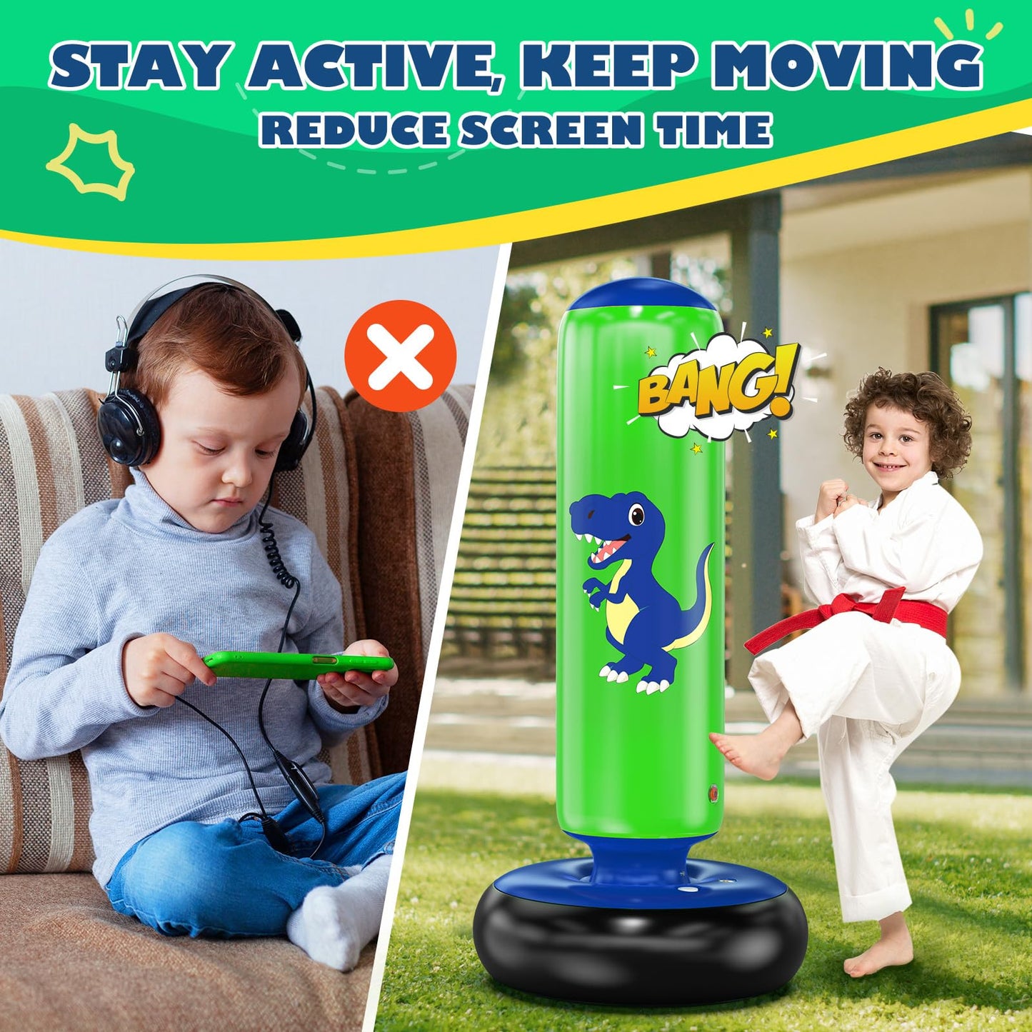 QPAU Inflatable Punching Bag, 48 Inch Stable Inflatable Boxing Bag for 3-6 Kids,Dinosaur Toy & Gifts for Boys and Girls, Kids Boxing Set for