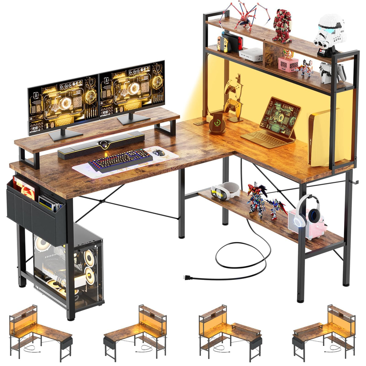 iSunirm L Shaped Gaming Desk with Power Outlets & LED Lights, Small L- Shaped Computer Corner Desk with Monitor Stand & Storage Shelf