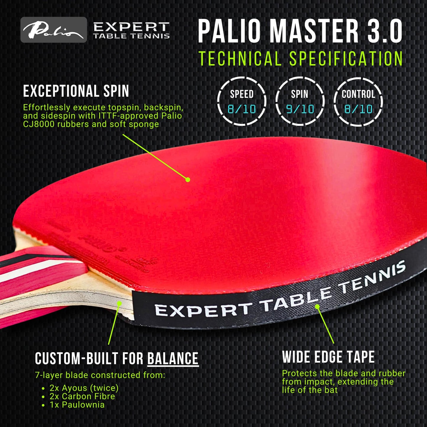 Palio Master 3.0 Table Tennis Bat & Case | ITTF-Approved Intermediate Ping Pong Racket | Allround Speed, Spin and Control