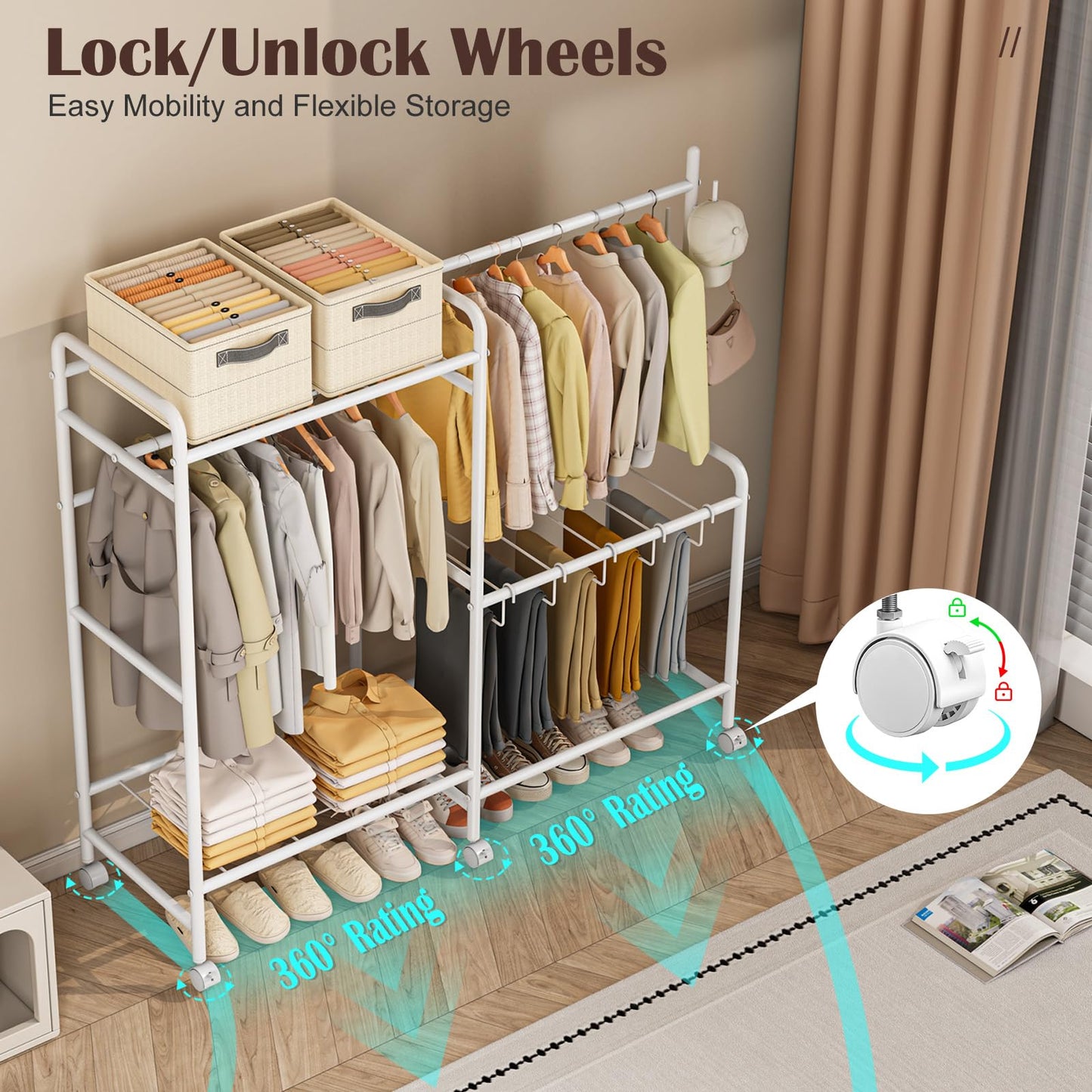 Casavibe Heavy Duty Clothes Rail with Wheels, 125KG Metal Clothing Rack with Trouser Rack, Top Shelf, 4 Hooks & 5 Trouser Hangers
