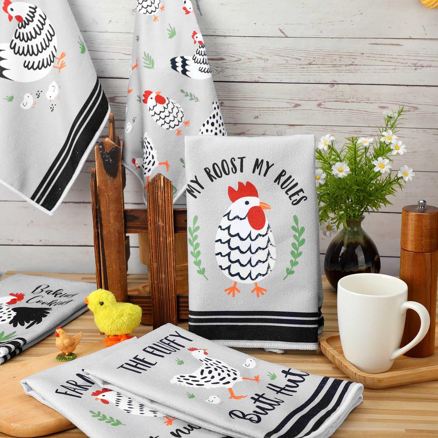 Boyiee Set of 6 Farm Chickens Kitchen Towels Farmhouse Absorbent Dish Tea Towels Rustic Country Rooster 24 x 16 Inches Gifts Chickens Hand Washcloth