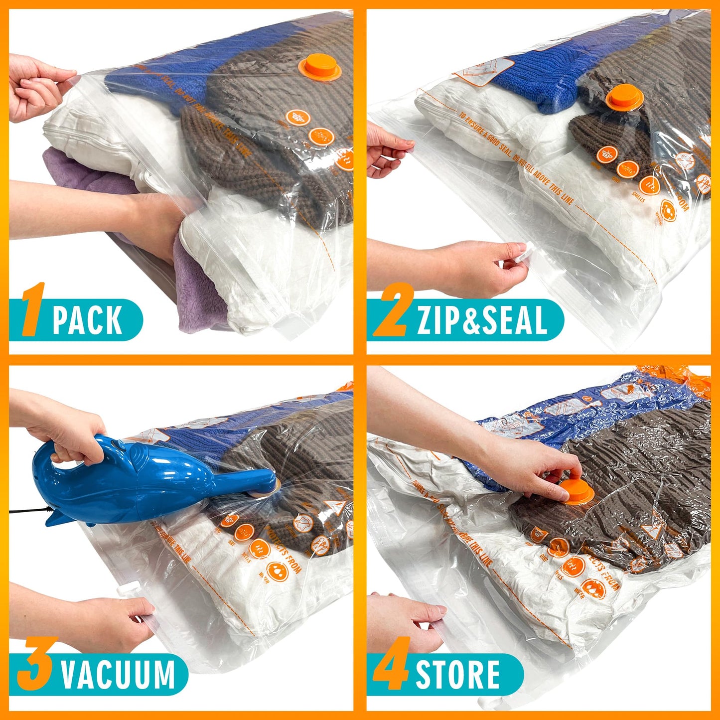 STORAGE MASTER Space Saver Bags for Travel and Home Reusable Vacuum Storage Bags Save 80% More Storage Space Work with Vacuum Cleaner
