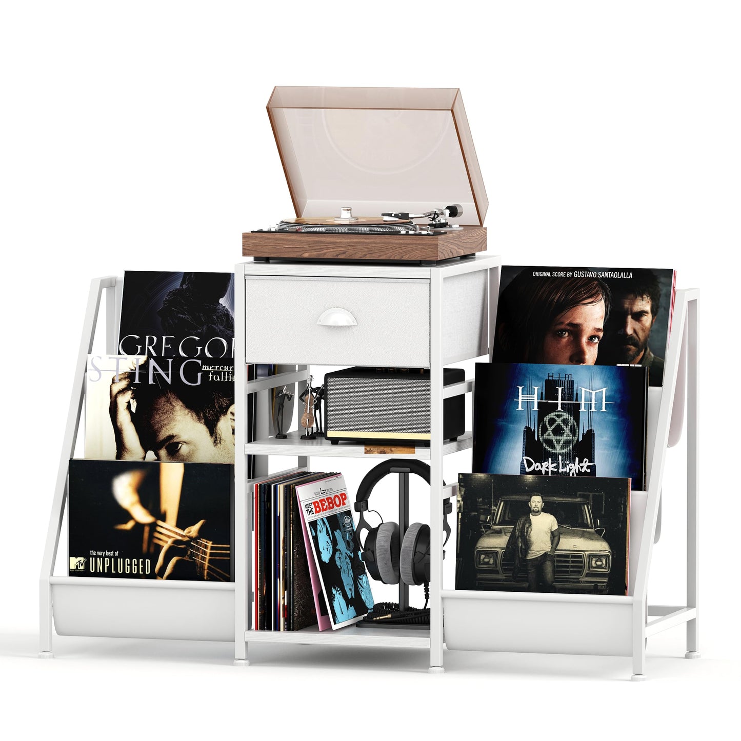 CAIYUN Record Player Stand Storage with 3-Tier and Fabric Drawer, Turntable Table Holds Up to 280 Albums, Bookshelf & CD Rack for Living Room
