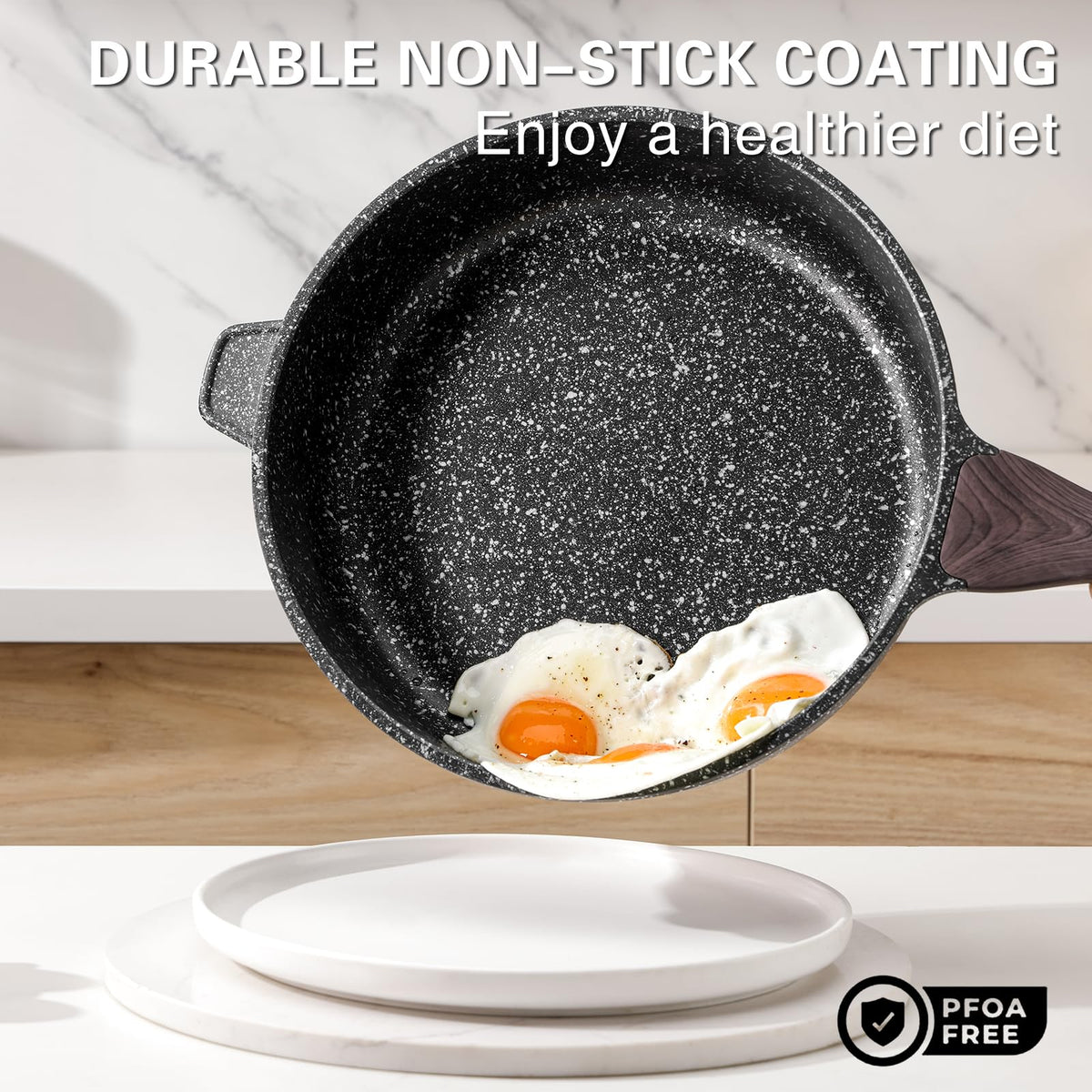 Kordisen Nonstick Deep Frying Pan with Lid, 28 cm/4.9 L Large Skillet, Granite Stone Saute Pan for Cooking, Induction Cookware, Compatible with All