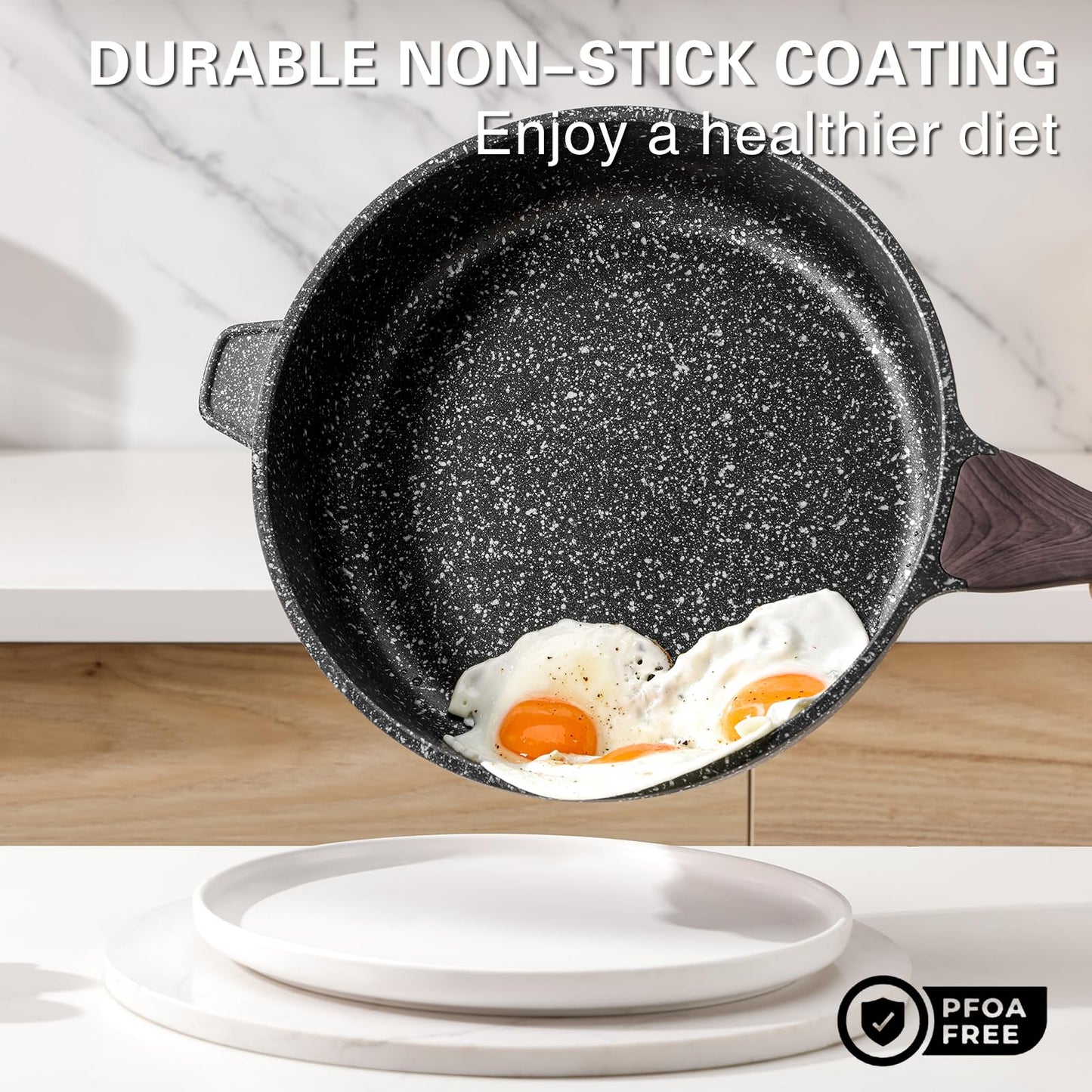 Kordisen Nonstick Deep Frying Pan with Lid, 30 cm/5.7 L Large Skillet, Granite Stone Saute Pan for Cooking, Induction Cookware, Compatible with All