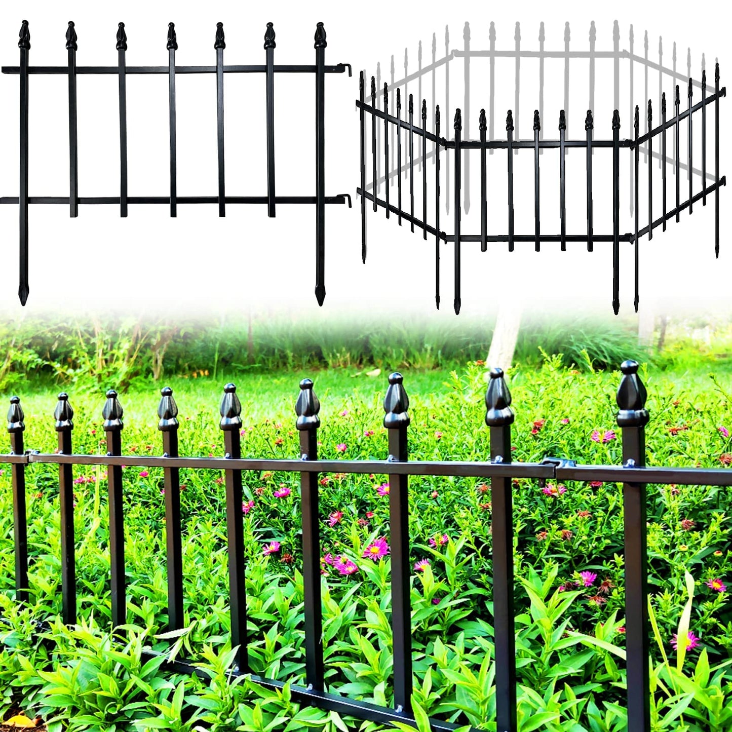 Thealyn Metal Decorative Garden Fence 57cm Wide x 45cm High (5 Panels, Total Length 2.8m), Metal Fence Panels, Landscape Fencing for Flower Bed,