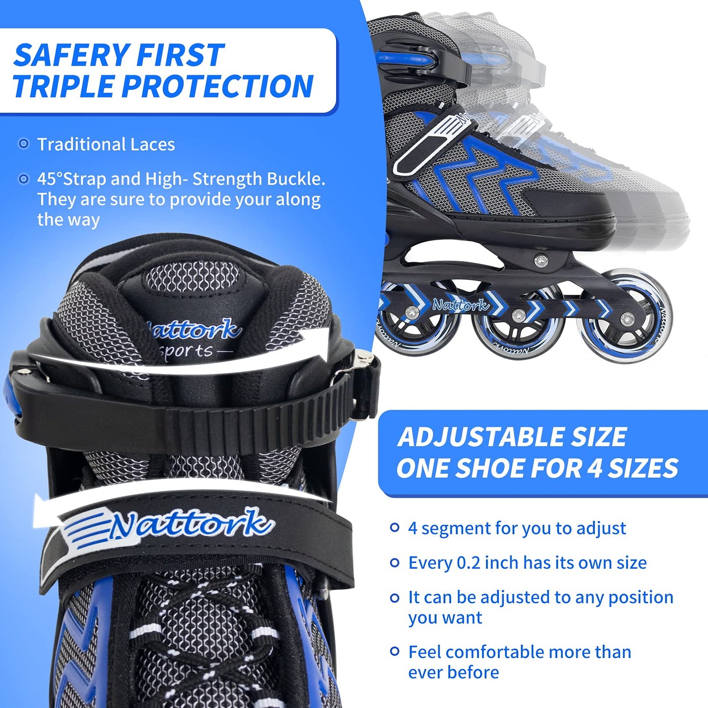 Nattork Adjustable Inline Skates for Kids and Adult with Light Up Wheel, Outdoor & Indoor Illuminating Roller Skates for Girls and Boys,Beginners