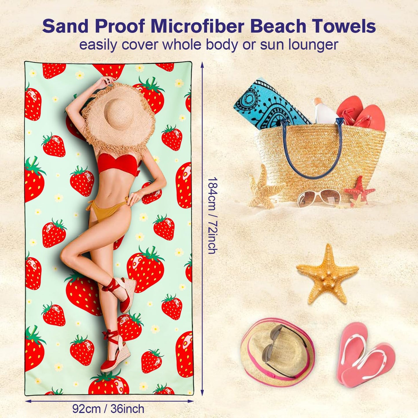 Violetpos Mint Green Strawberry Beach Towel, Extra Large 180x90 cm 250GSM Microfibre, Sand Free Quick Dry