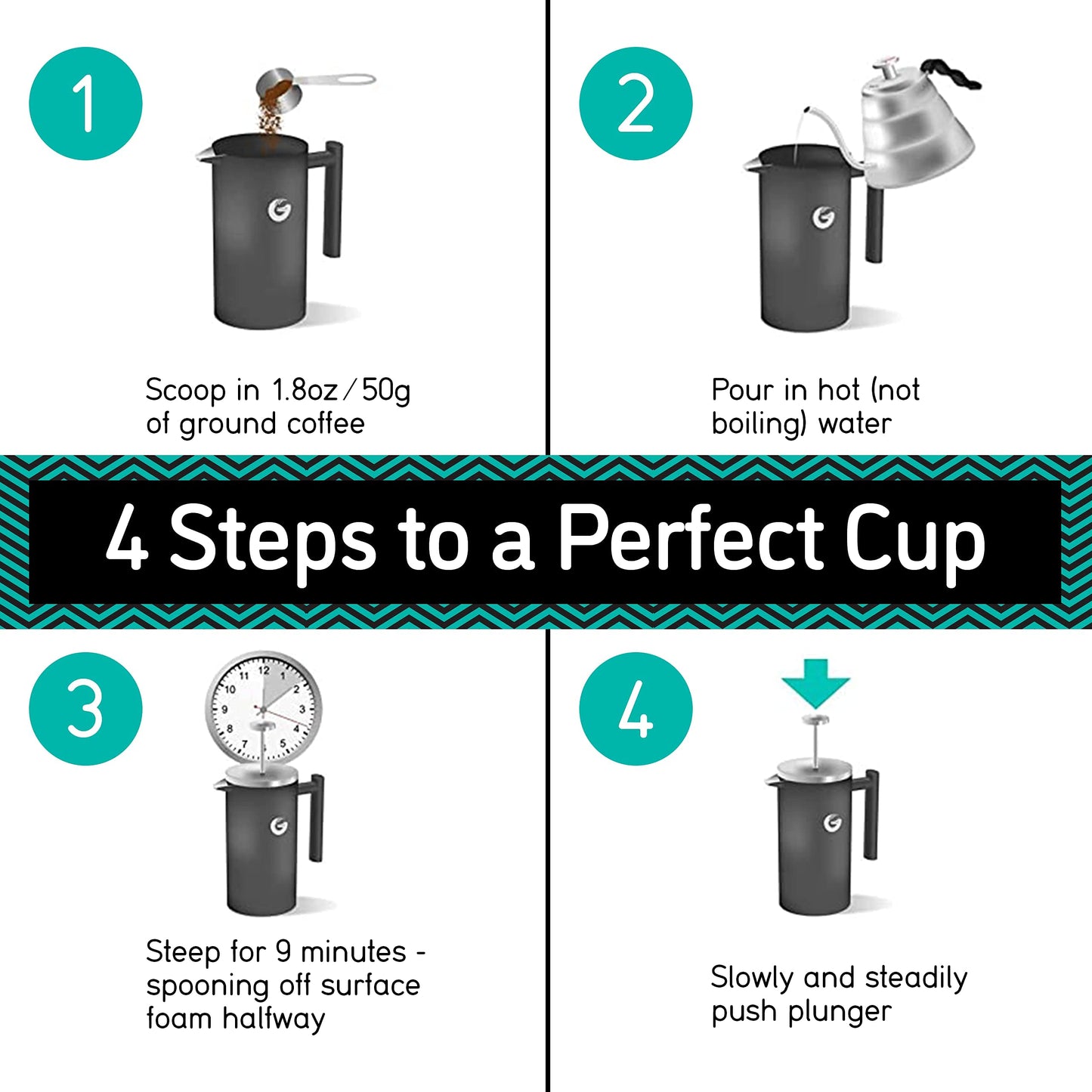Coffee Gator Cafetiere - 1L French Press Coffee Maker with Jar - Large Capacity Double-Wall Insulated Stainless Steel Brewer - Hotter for