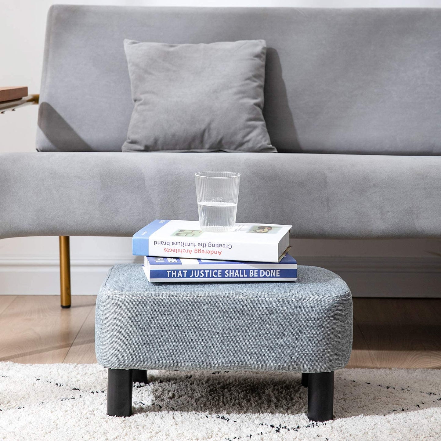 YMYNY 42CM Footstool, Rectangle Ottoman with Stable Wooden Legs, Modern Linen Fabric Footrest, Change Shoes Stool for Living Room