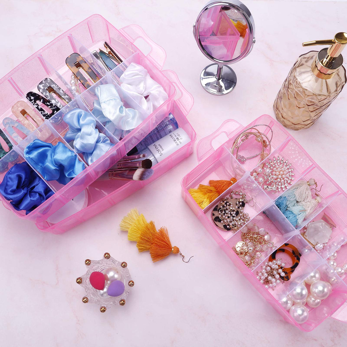 SGHUO 3-Tier Pink Craft Storage Container Box, Stackable Organizer Box with Dividers for Art Supplies, Beads, Washi Tapes, Seed, Hair Accessories