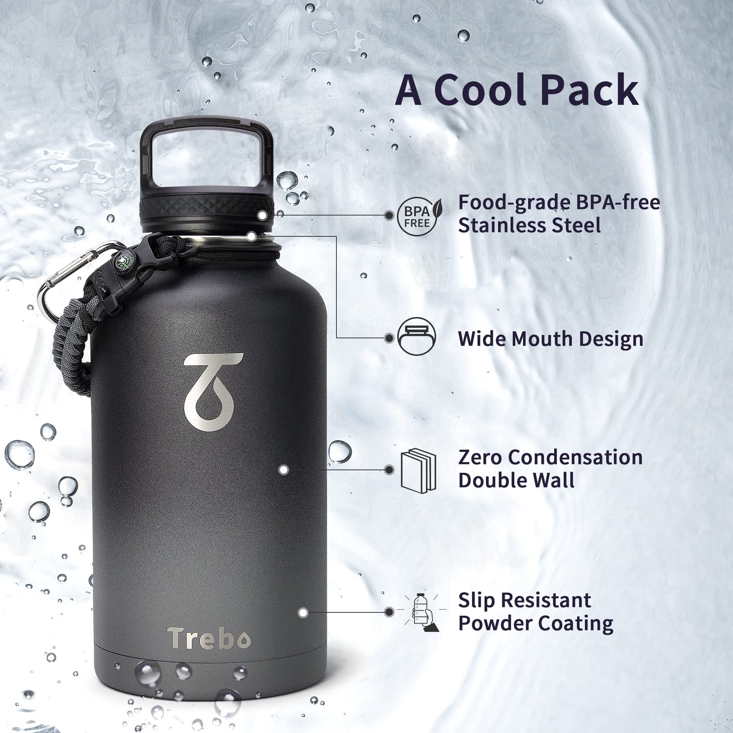 Trebo Stainless Steel Water Bottle 2L, Wide Mouth Insulated Water Bottle Double with Paracord Handle Sports Bottle Keep Cold 48 Hours Water Bottle