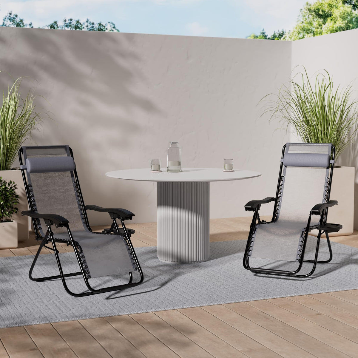 VOUNOT? Set of 2 Zero Gravity Sun Loungers, with Cup Holder and Phone Hoder, Adjustable Textoline Reclining Garden Chairs, Grey