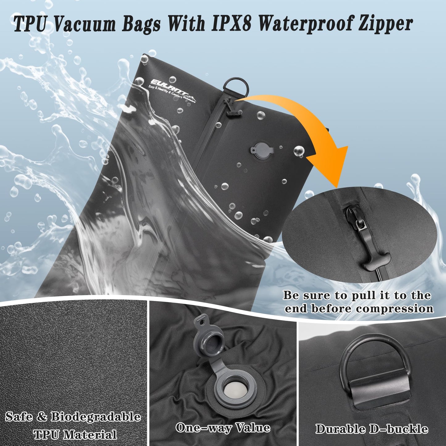 EULANT TPU Travel Vacuum Bags with Pump,Reusable Travel Pack Vacuum Kit With IPX8 Zip