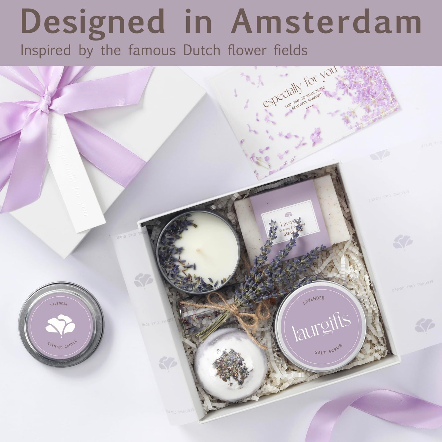 LaurGifts Lavender Spa Gift Box for Women ? Birthday Gift for Her with Candle & Spa Set ? Dutch Flower Fields Inspired Relaxing Gifts for Mum, Wife,