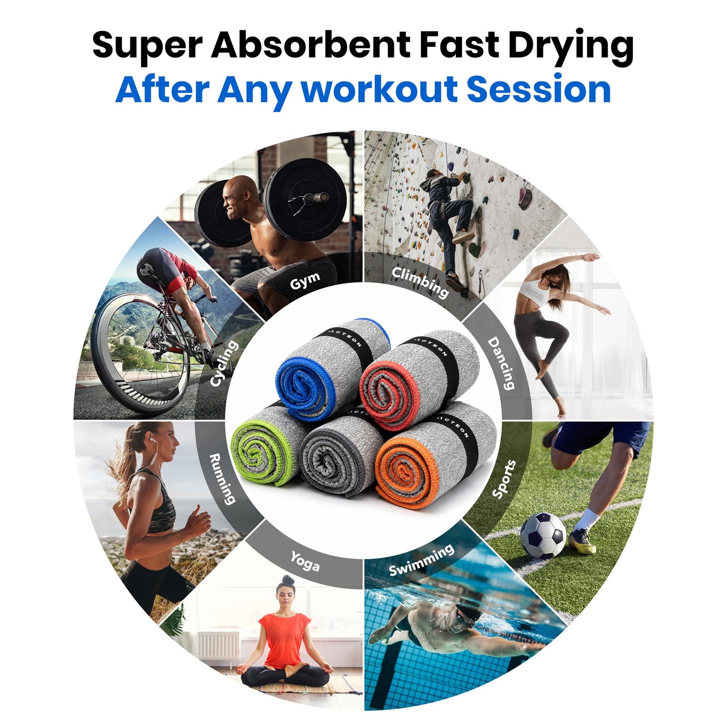 Acteon Microfiber Quick Dry Gym Towel, Silver ION Odor-Free Mega Absorbent Fiber (5-Pack), Fast Drying, Men & Women Small Workout Gear for Body Sweat