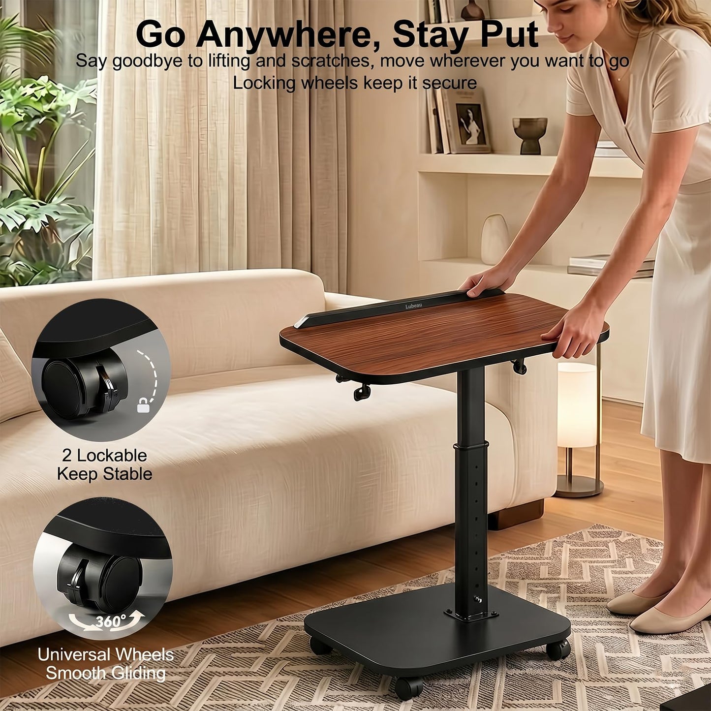 C Shaped Side Table, Sofa TV Tray Tables Adjustable Height & 180° Flip-Over Panel Design